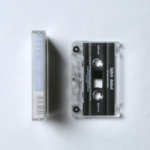 Bjork cassette tapes with clear and black labels on a white background
