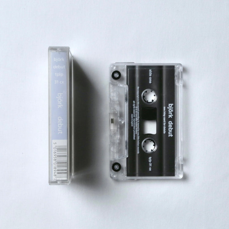 Bjork cassette tapes with clear and black labels on a white background