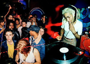 Two photographs one of crowd one of a DJ performing at a party