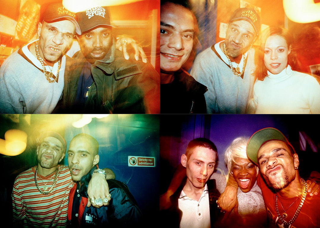 Four photos of people posing together with Goldie in a nightclub with a warm color tone.