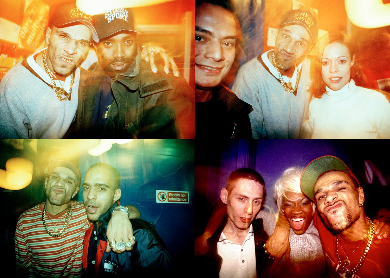 Four photos of people posing together with Goldie in a nightclub with a warm color tone.