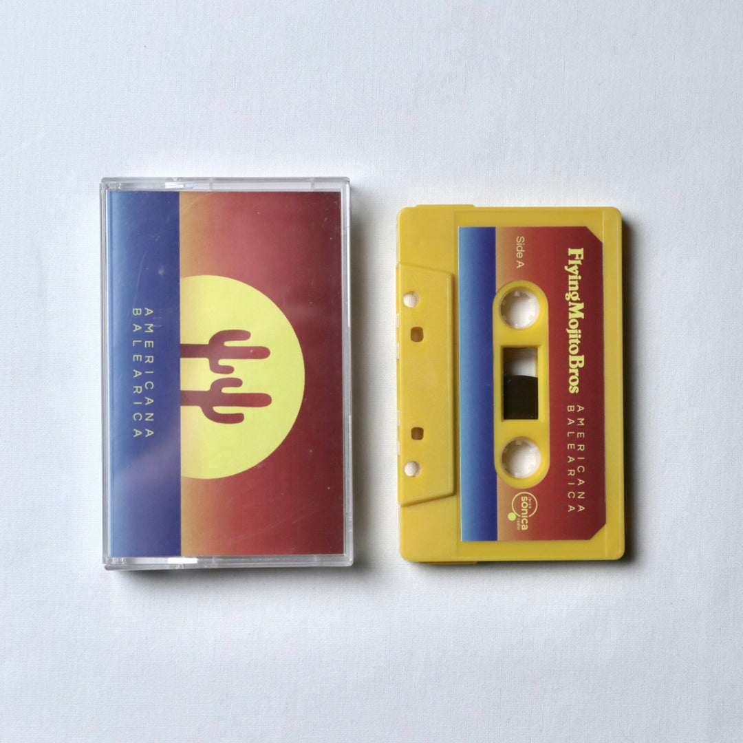 Flying Mojito Brothers Cassette tape with colourful cover on a light grey background