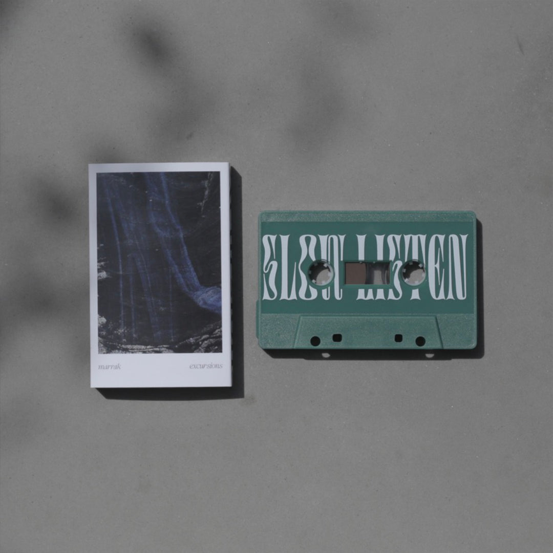 marrak tape front cover and jade cassette with Slow Listen design