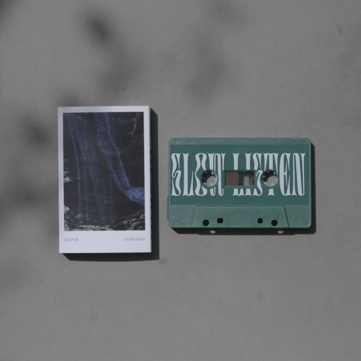 marrak tape front cover and jade cassette with Slow Listen design