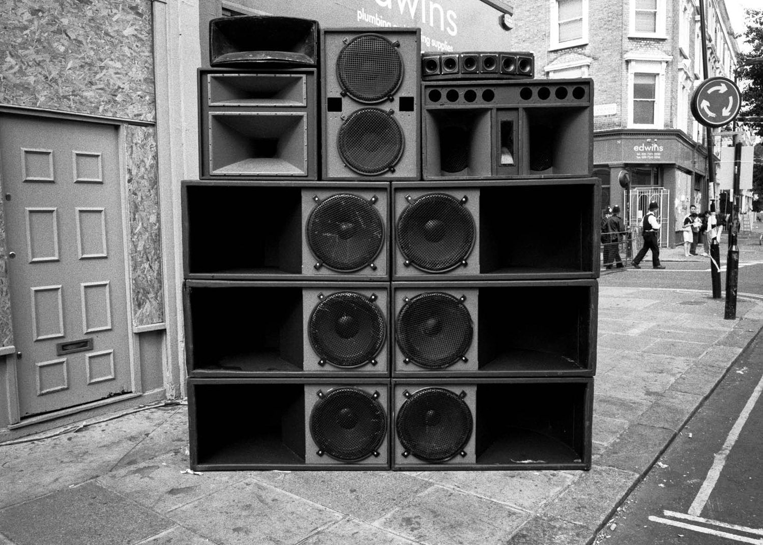 Stack of large speakers on a London street
