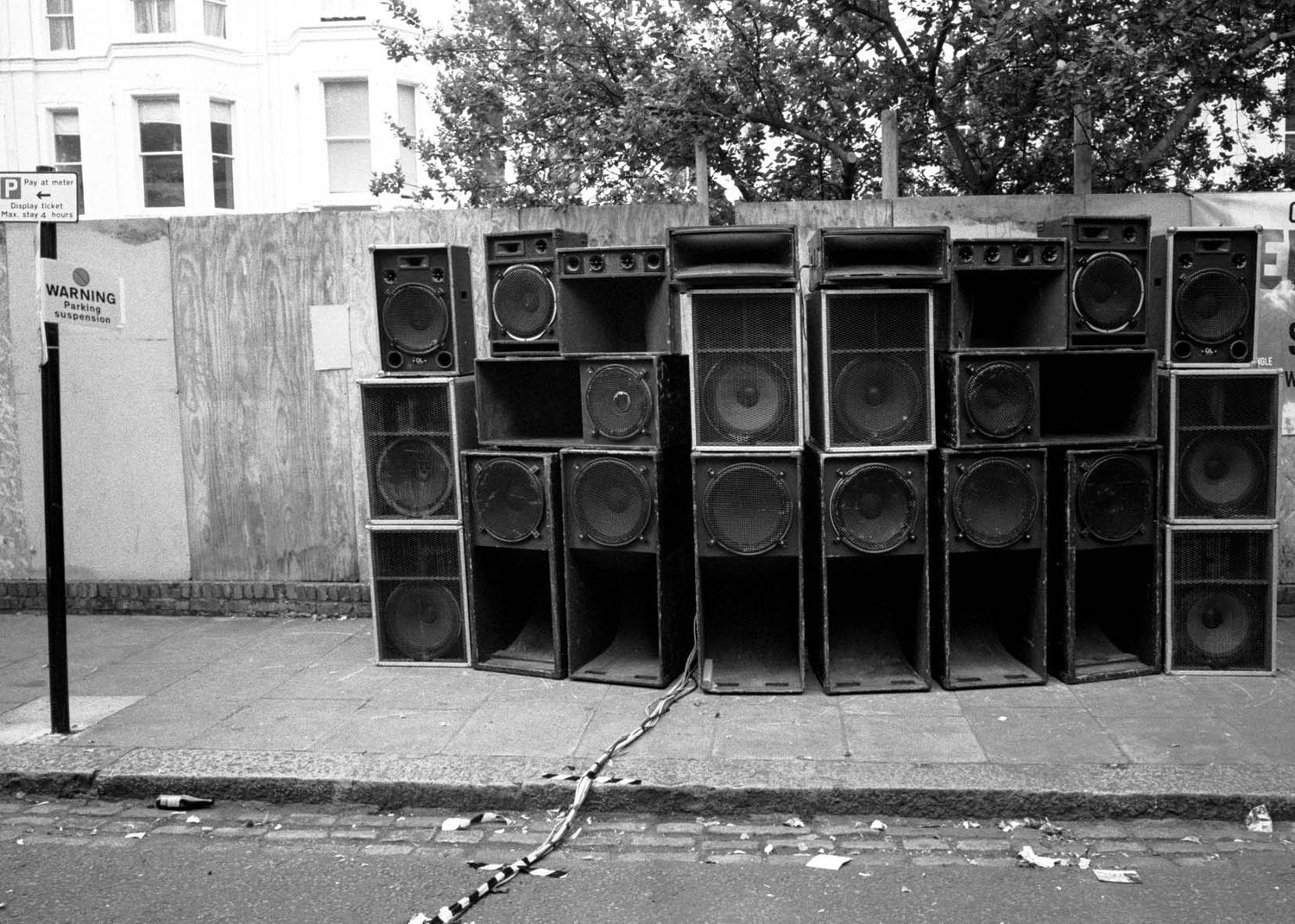 Sound system stacked on Notting Hill street
