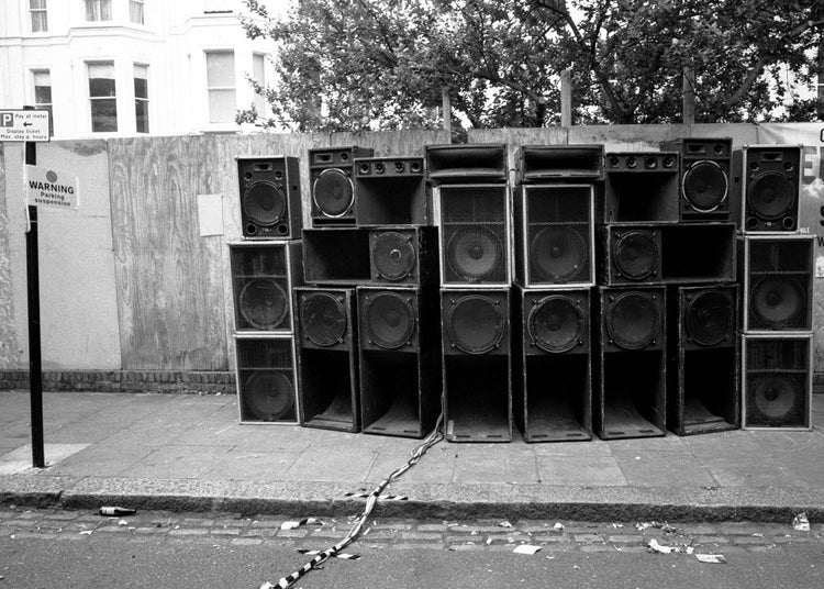 Sound system stacked on Notting Hill street