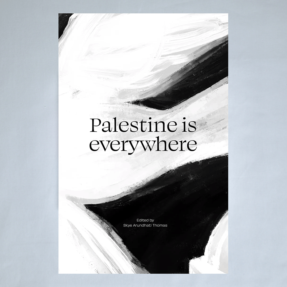 Palestine is everywhere book cover with abstract black and white design 