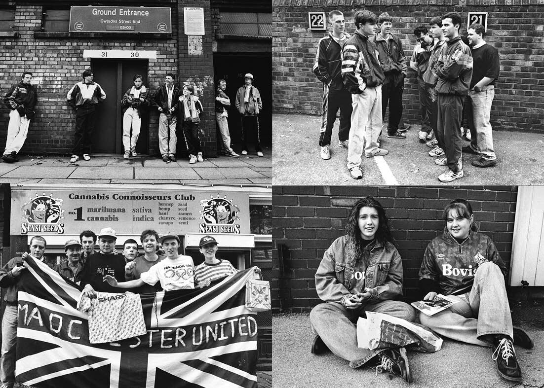 Four of black and white photos featuring football fans in various settings, including a cannabis connoisseurs club and a group with a manchester united flag.
