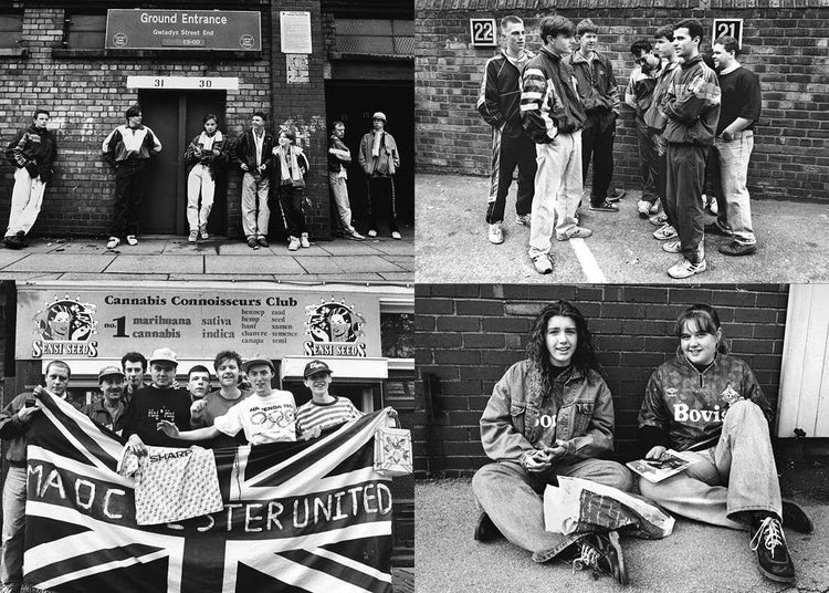 Four of black and white photos featuring football fans in various settings, including a cannabis connoisseurs club and a group with a manchester united flag.