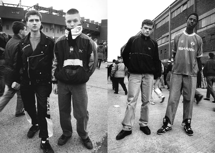 Two photos of boys outside football grounds, one wearing a puma jacket, the other in casual adidas.