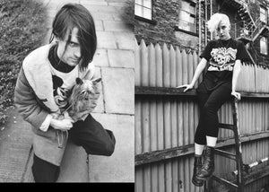 Two black and white photos of a person with a small dog and another person sitting on a fence wearing boots.