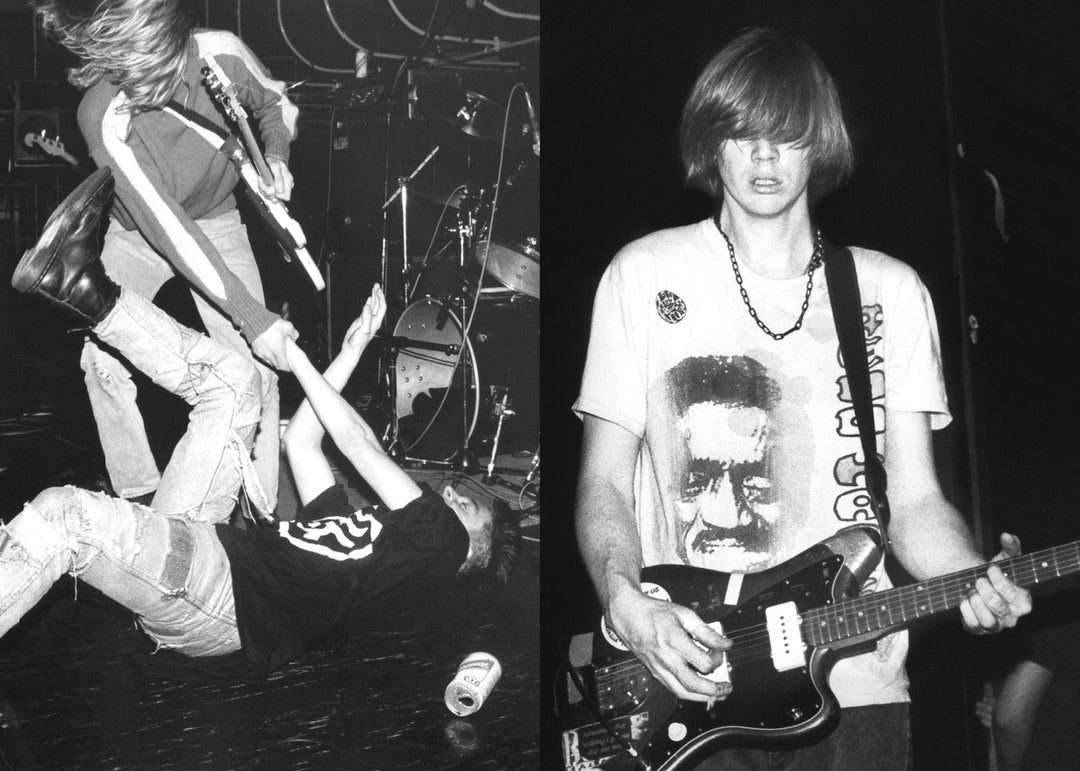 Two black and white photos of guitarists playing on stage.