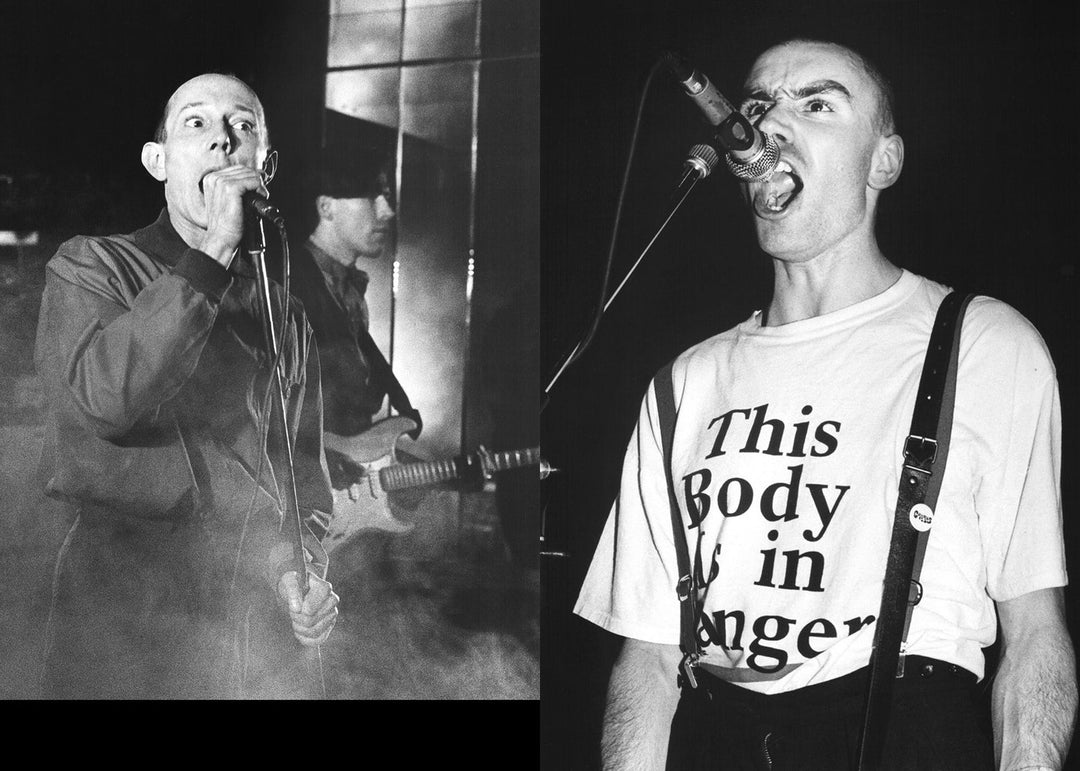 Two black and white images of two lead singers performing, with one member wearing a shirt with text "this body is in danger"