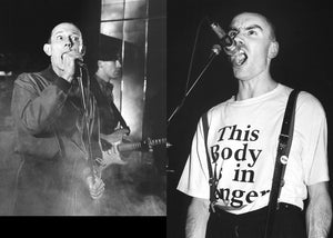 Two black and white images of two lead singers performing, with one member wearing a shirt with text "this body is in danger"