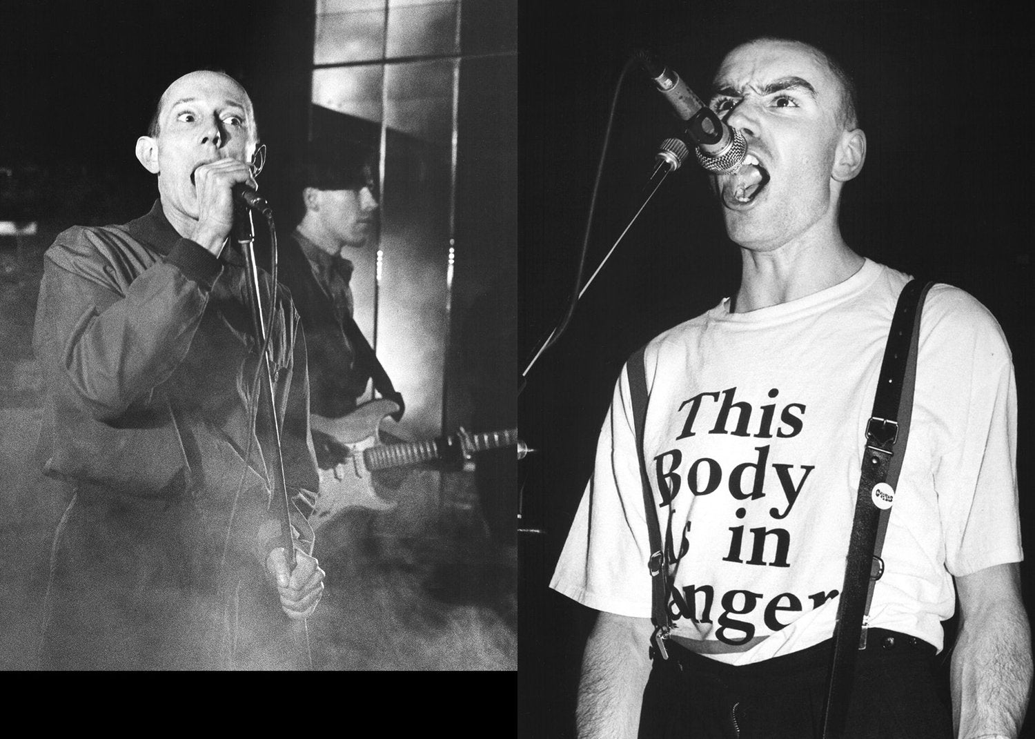 Two black and white images of two lead singers performing, with one member wearing a shirt with text "this body is in danger"