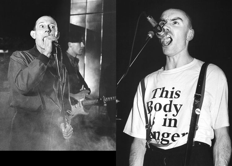 Two black and white images of two lead singers performing, with one member wearing a shirt with text "this body is in danger"