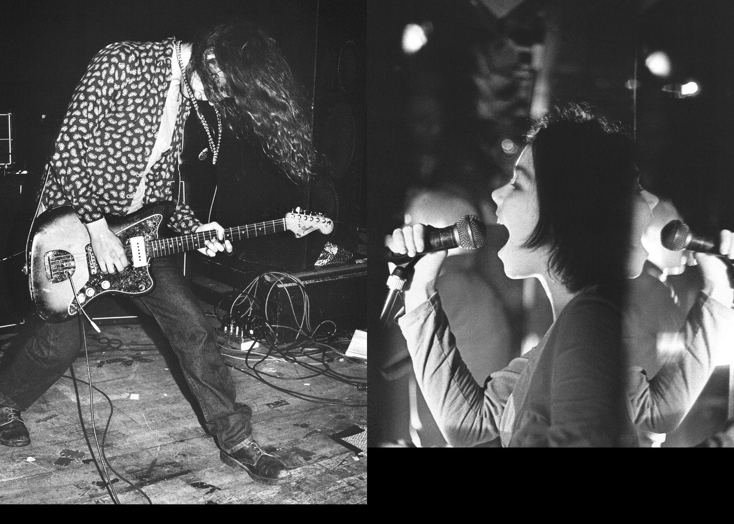 Two black and white photos one of a musician playing guitar and another singing into a microphone.