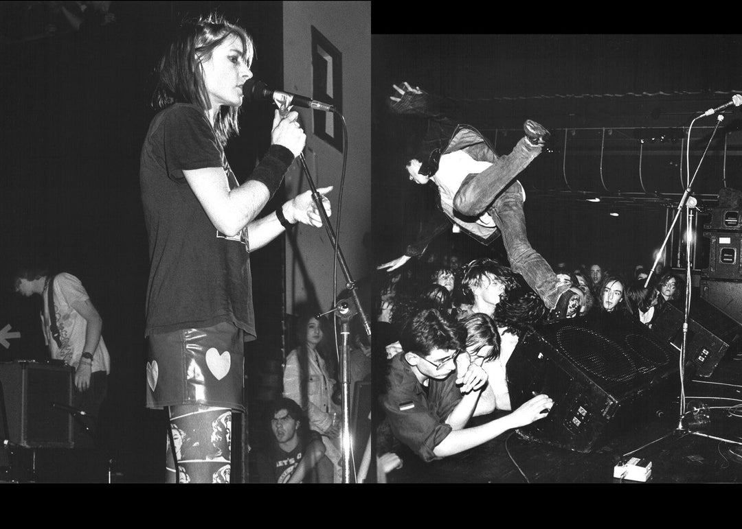 Two black and white photos: one of a person singing on stage with a microphone, and another of a person jumping into a crowd.