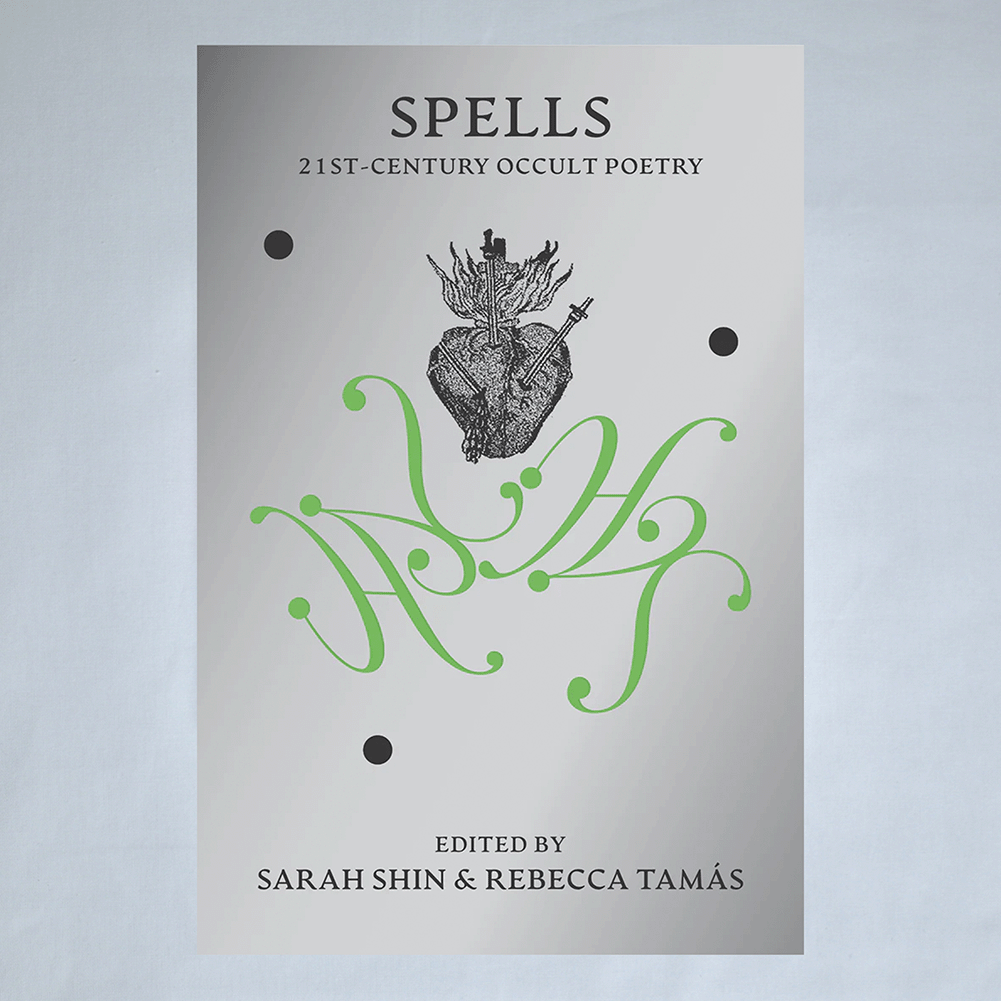 Book cover of 'Spells: 21st Century Occult Poetry' with illustrative elements on a light grey background