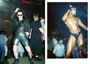 Two images: one of a person in a leather outfit dancing, the other of a shirtless person in shiny pants.