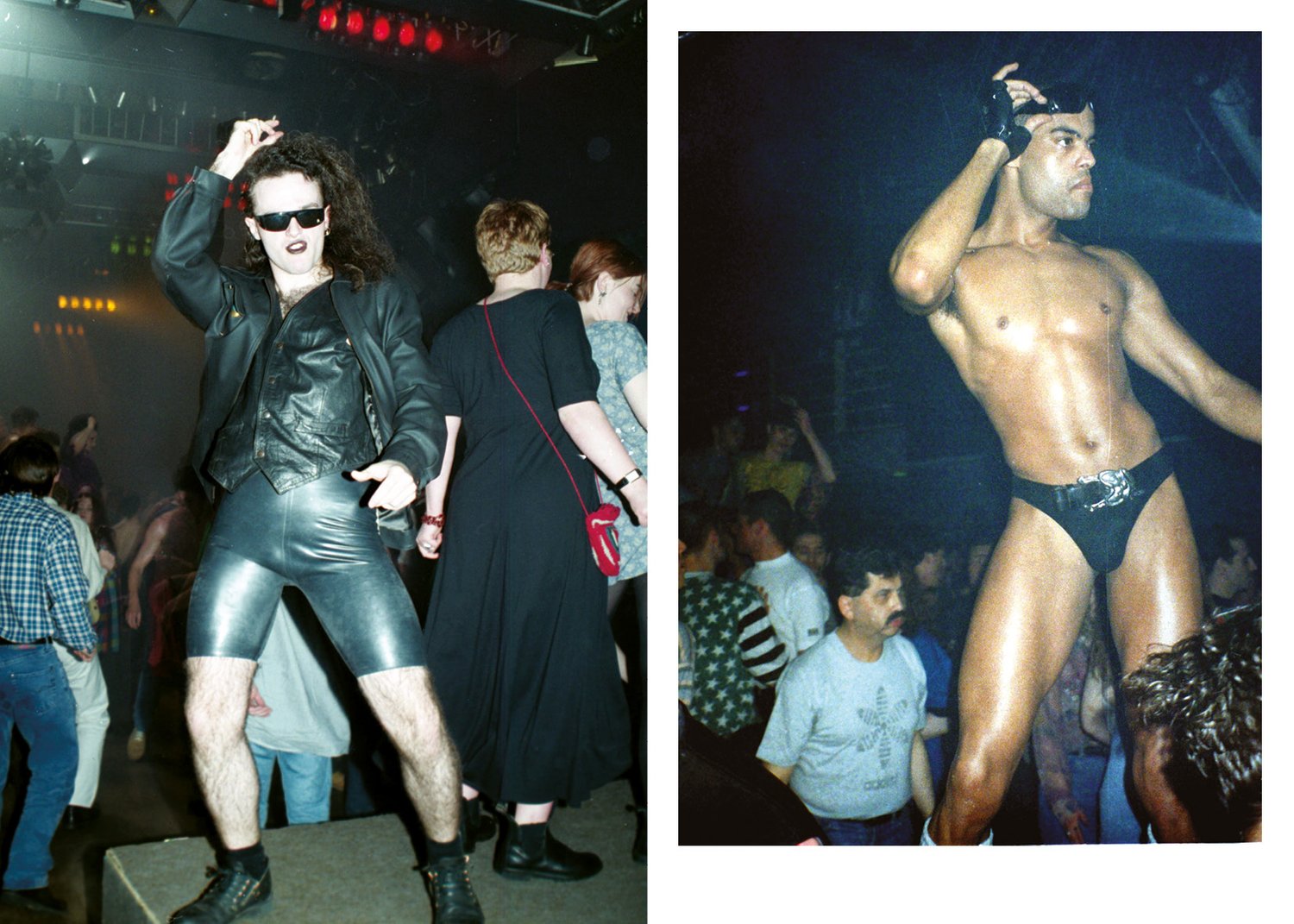 Two images: one of a person in a leather outfit dancing, the other of a shirtless person in shiny pants.