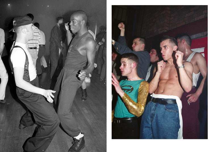 Two images showing people dancing at a party, one in black and white and the other in colour.
