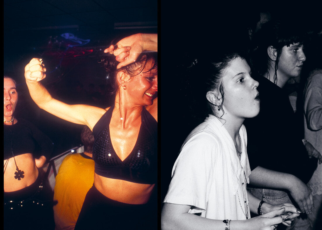Two images side by side; one of a woman in a black top with arm in the air, the other of a woman in a white shirt dancing.