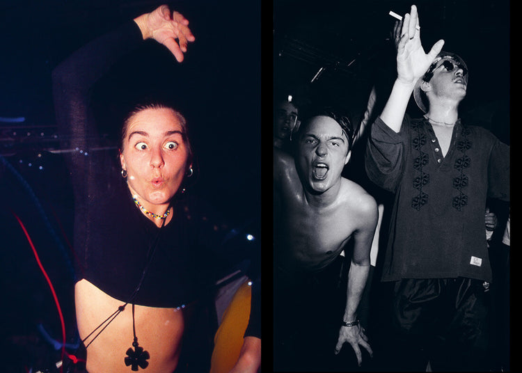 Two photos of people at a rave with expressive poses.