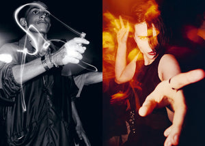 Two photos with people clubbing, one with a lighter the other with a blurred background.