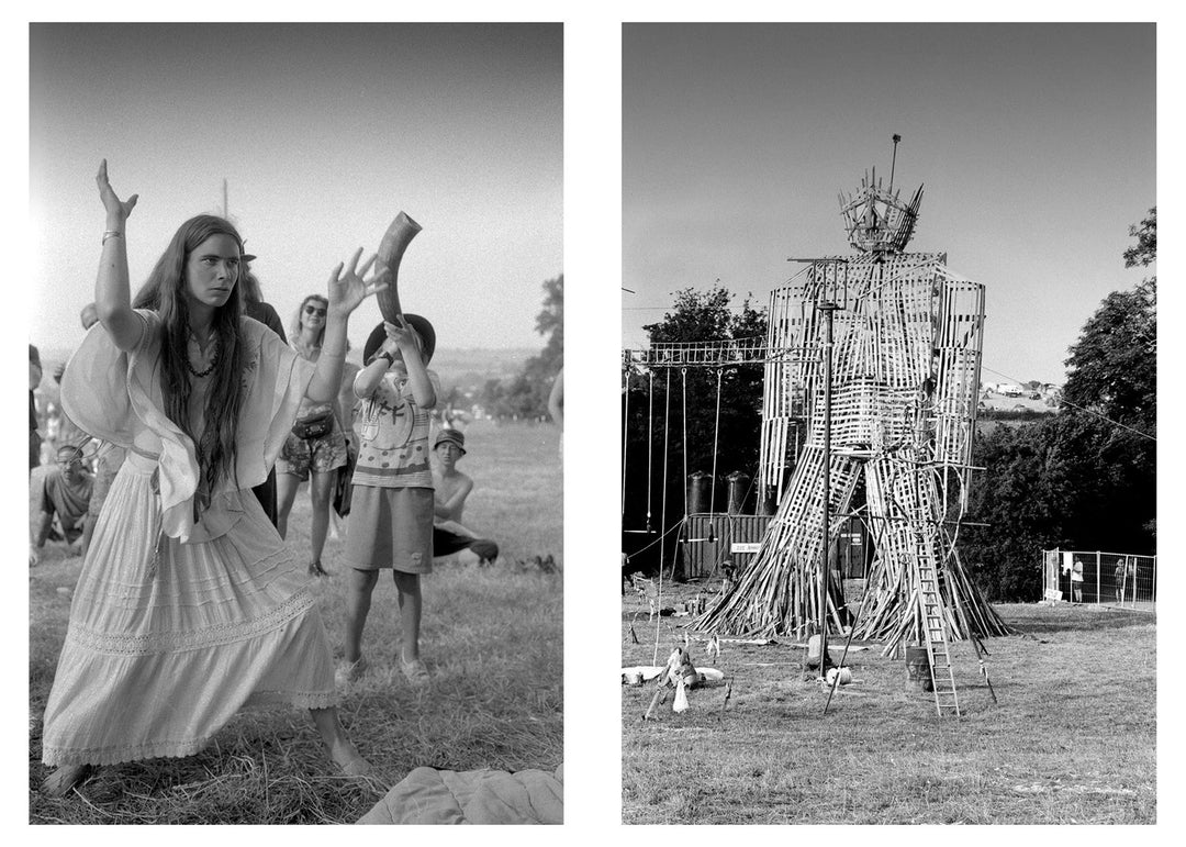 Two black and white images: one of a woman in a dress with raised arms, the other of a wicker man