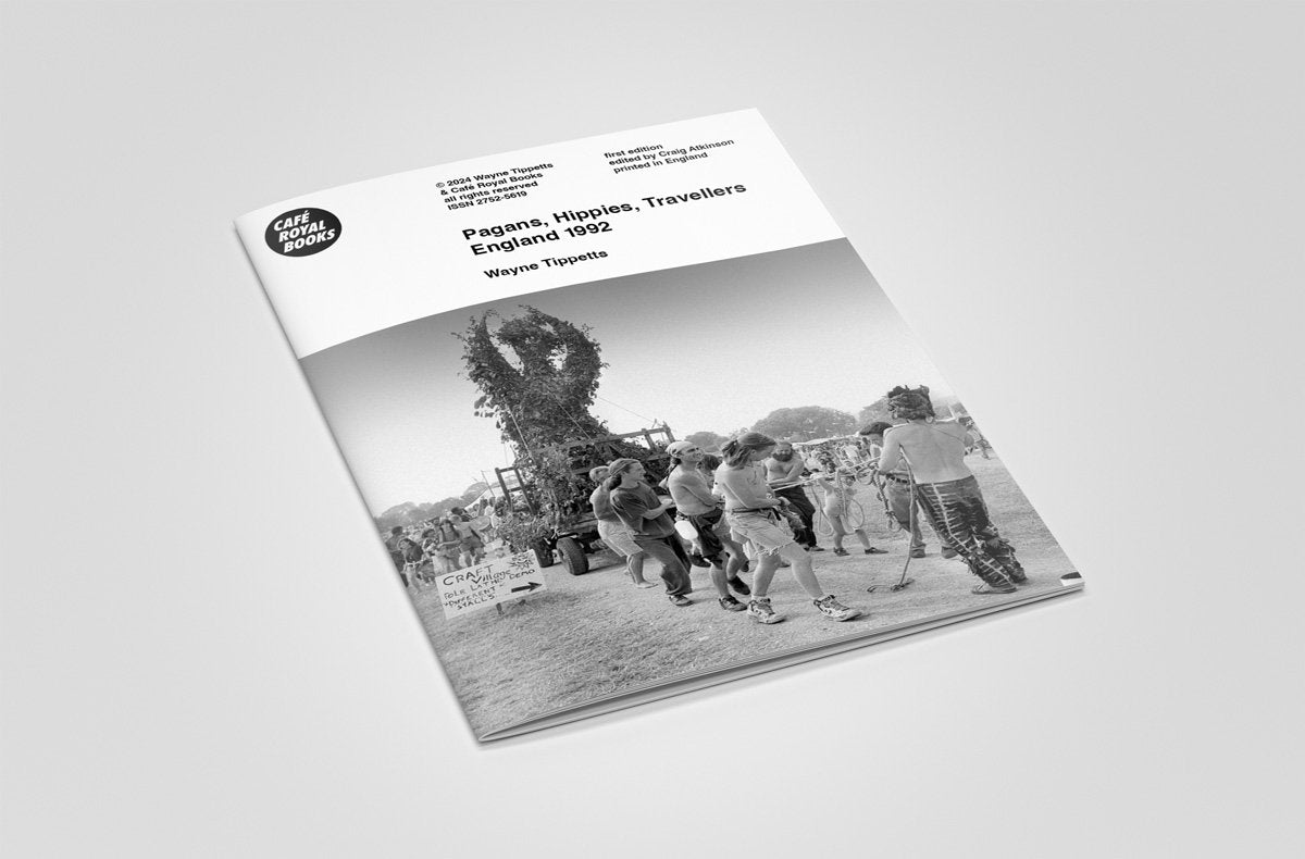 Booklet with black and white photo of people, titled 'Pagans, Hippies, Travellers, England 1992'